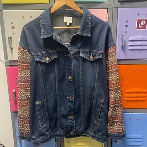 Hayden Blue Denim Jacket with Red Patterned Sleeves